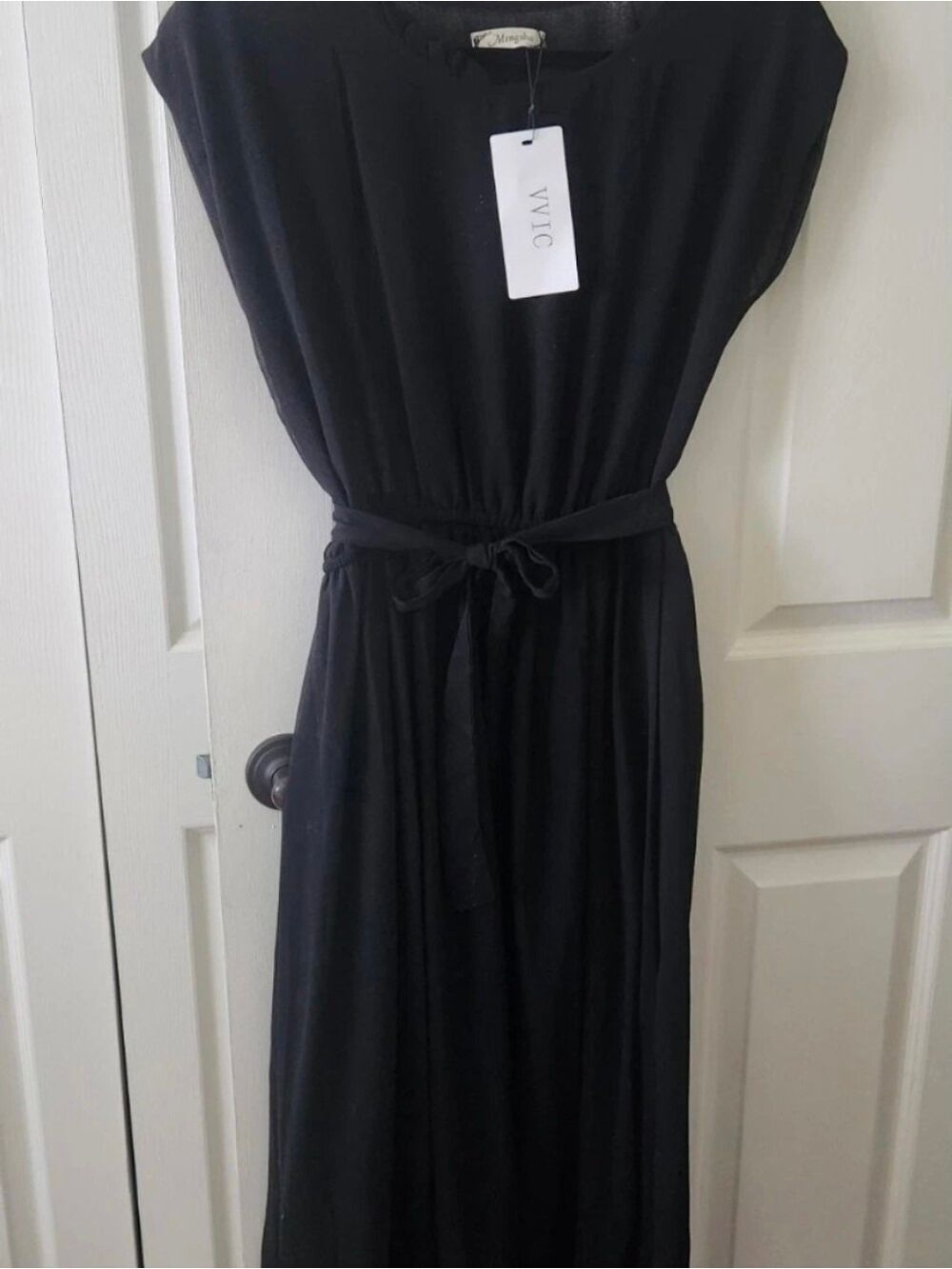 NWT Solid Chiffon Cap-Sleeve Belted Black Mid- length dress - Picture 3 of 7